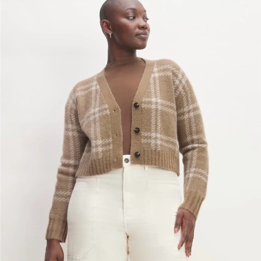 Everlane Tan Plaid Button-Up Cardigan